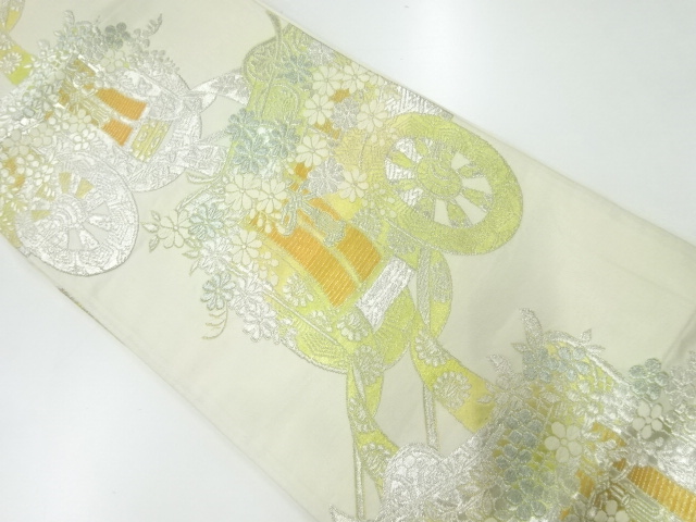 アンティーク　御所車に花模様織出し袋帯（材料）